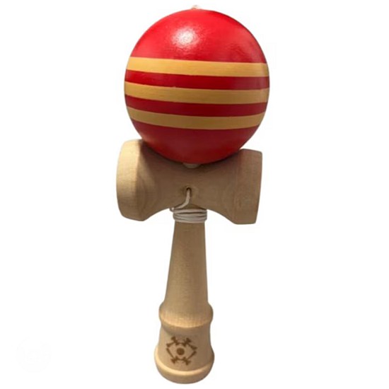 Kendama profesionala din lemn 18 cm, bila rosie cu dungi galben 