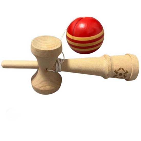 Kendama profesionala din lemn 18 cm, bila rosie cu dungi galben 