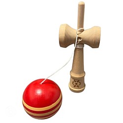 Kendama profesionala din lemn 18 cm, bila rosie cu dungi galben 
