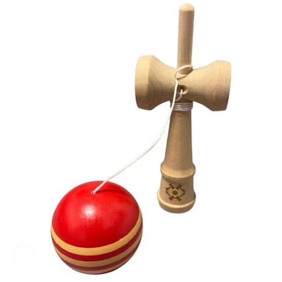 Kendama profesionala din lemn 18 cm, bila rosie cu dungi galben 