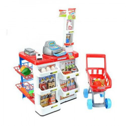 Set de joaca supermarket cu carucior Soda Toys, 24 piese, casa de marcat, accesorii, sunete si lumini