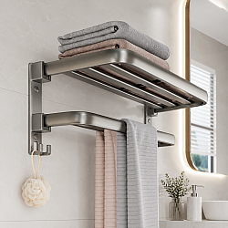 Suport Prosoape Baie Pliabil din Aluminiu Spatial cu Polita si Carlige, 60 cm, Gri