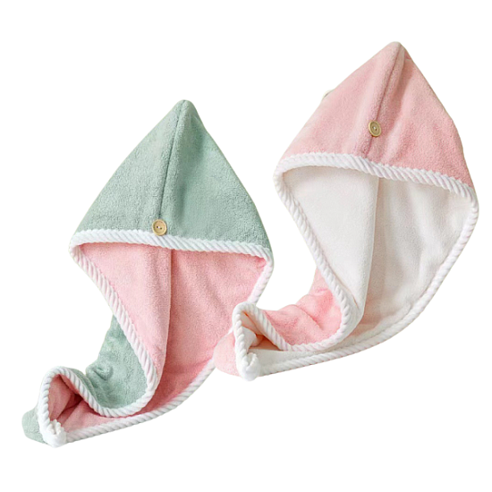 Set 2 Prosoape tip turban cu nasture pentru uscare rapida par, microfibra, 60 x 24 cm, verde