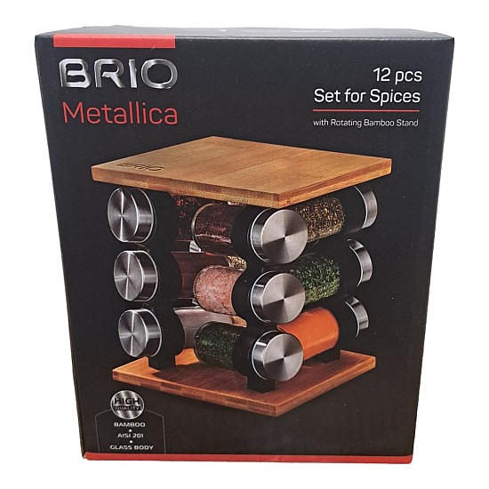 Set de condimente 12 piese Brio Metallica cu suport rotativ din bambus și recipiente de sticlă de 90 ml