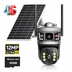Camera de supraveghere 6K HD cu panou solar, slot SIM, senzor de miscare, lentile duble si card 32GB inclus