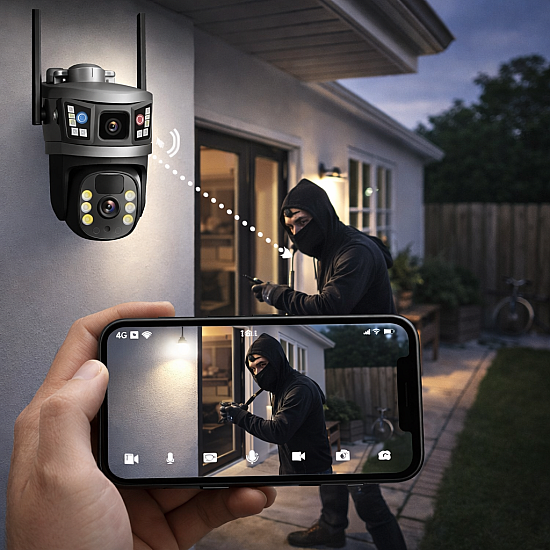 Camera de supraveghere 6K HD cu panou solar, slot SIM, senzor de miscare, lentile duble si card 32GB inclus