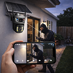 Camera de supraveghere 6K HD cu panou solar, slot SIM, senzor de miscare, lentile duble si card 32GB inclus