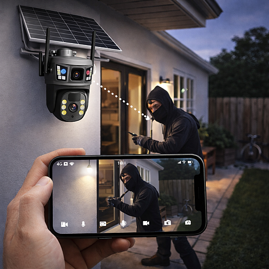 Camera de supraveghere 6K HD cu panou solar, slot SIM, senzor de miscare, lentile duble si card 32GB inclus