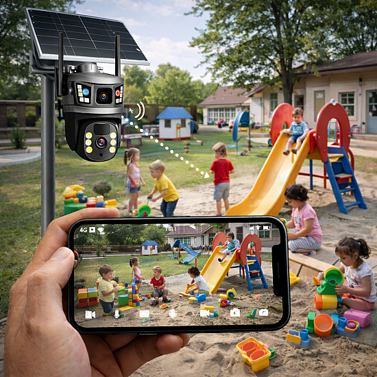 Camera de supraveghere 6K HD cu panou solar, slot SIM, senzor de miscare, lentile duble si card 32GB inclus