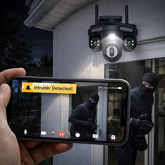 Camera de supraveghere 16MP cu 4 lentile, senzor de miscare, alarma si alerte pe telefon