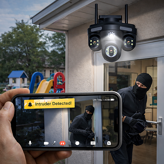 Camera de supraveghere 16MP cu 4 lentile, senzor de miscare, alarma si alerte pe telefon