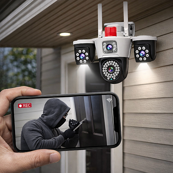 Camera de supraveghere WiFi tripla 8MP 4K cu 3 lentile, vedere nocturna LED si detectie miscare – model ALB