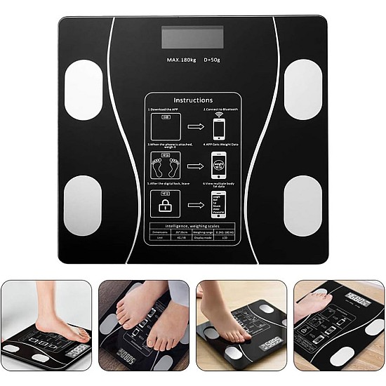 Cantar corporal digital cu ecran iluminat, aplicatie smart, Bluetooth, termometru, compatibil Android/iOS, capacitate 180 kg
