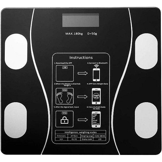 Cantar corporal digital cu ecran iluminat, aplicatie smart, Bluetooth, termometru, compatibil Android/iOS, capacitate 180 kg