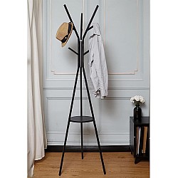 Cuier haine cu suport din lemn, 9 cârlige, oțel carbon, 180 x 45 cm, negru