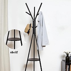 Cuier haine cu suport din lemn, 9 cârlige, oțel carbon, 180 x 45 cm, negru