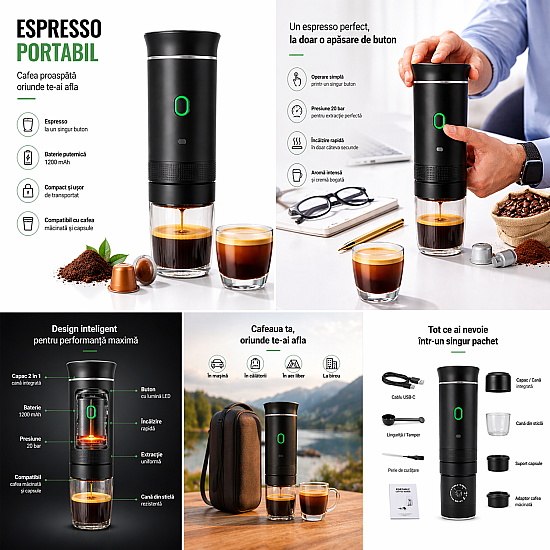 Espressor portabil 3 in 1 cu acumulator, USB-C, 20 bar, 60 ml, compatibil Nespresso, Dolce Gusto si cafea macinata