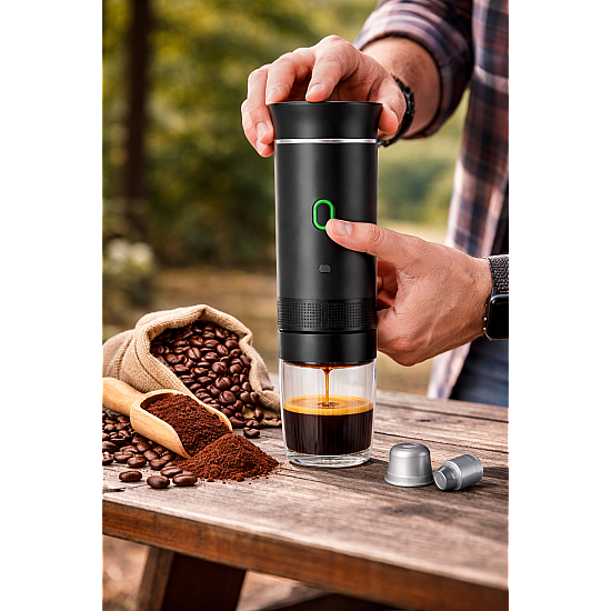 Espressor portabil 3 in 1 cu acumulator, USB-C, 20 bar, 60 ml, compatibil Nespresso, Dolce Gusto si cafea macinata