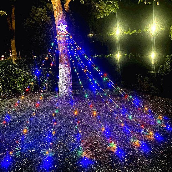 Instalaţie Perdea 9 franjuri 350 LED vârf de stea, solară + telecomandă,diverse culori 