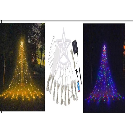 Instalaţie Perdea 9 franjuri 350 LED vârf de stea, solară + telecomandă,diverse culori 