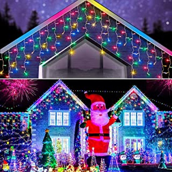 Pachet 2 instalatii 15 metri franjuri cu flash lumina alba si fir alb gros + 1 cadou instalatie brad 