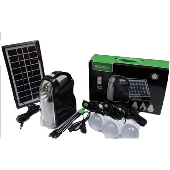 Kit camping panou solar GDLITE GD-7, 3 becuri, lanterna inclusa + usb incarcare