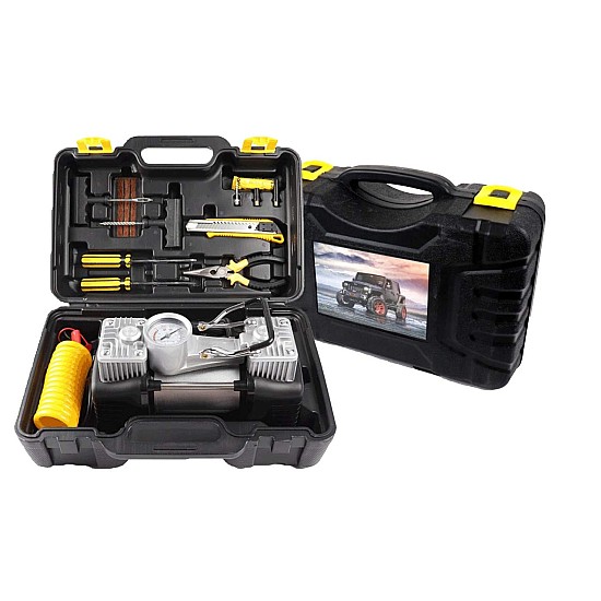 Kit pentru reparații auto: Compresor 12V cu 2 cilindri și set complet cu 7 accesorii
