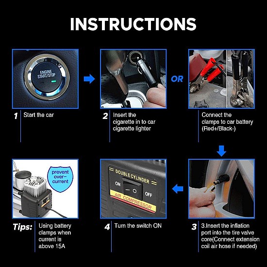 Kit pentru reparații auto: Compresor 12V cu 2 cilindri și set complet cu 7 accesorii