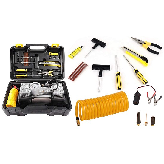 Kit pentru reparații auto: Compresor 12V cu 2 cilindri și set complet cu 7 accesorii