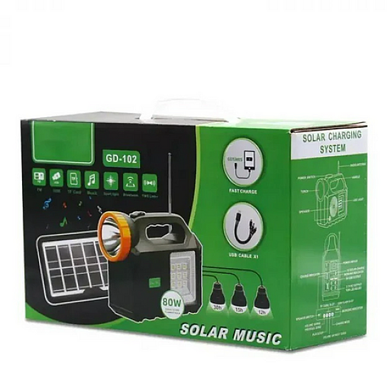 Kit solar de iluminare GD Times GD-102, 3 becuri, boxa BT, radio, 80W