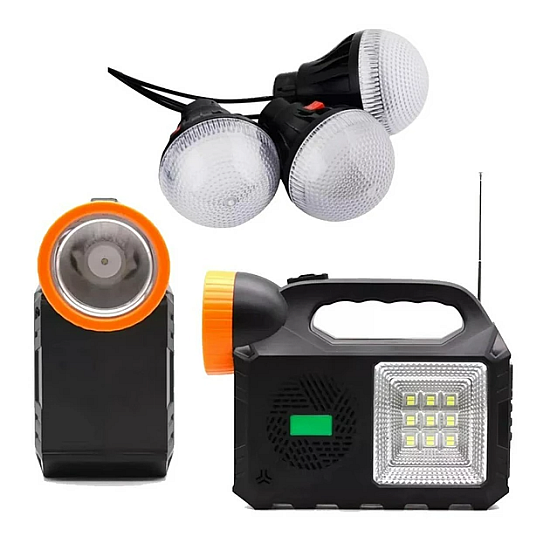 Kit solar de iluminare GD Times GD-102, 3 becuri, boxa BT, radio, 80W