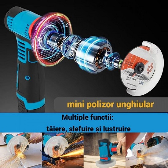 Mini Flex Polizor Unghiular cu Acumulator 48V, 5 Discuri 76 mm, 2 Acumulatori 3Ah, Motor Brushless, Trusa Transport