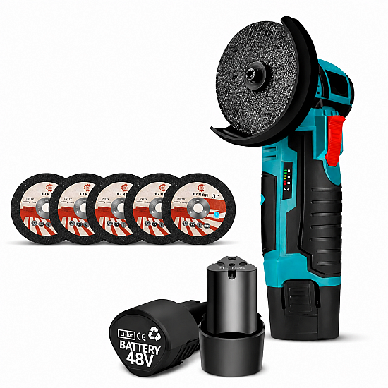 Mini Flex Polizor Unghiular cu Acumulator 48V, 5 Discuri 76 mm, 2 Acumulatori 3Ah, Motor Brushless, Trusa Transport