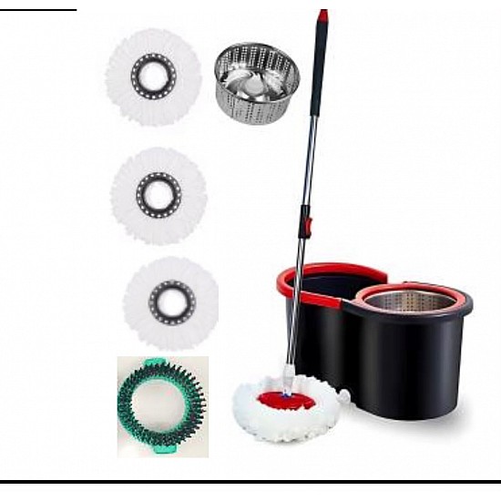 Set Mop Rotativ si Galeata cu Sistem de Stoarcere, Maner Reglabil din Otel Inoxidabil si 5 Rezerve