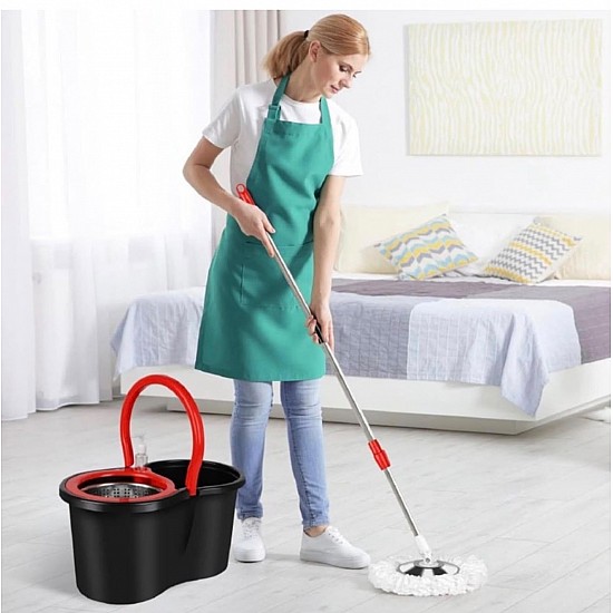 Set Mop Rotativ si Galeata cu Sistem de Stoarcere, Maner Reglabil din Otel Inoxidabil si 5 Rezerve