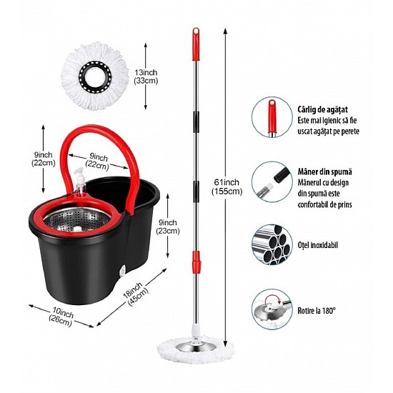 Set Mop Rotativ si Galeata cu Sistem de Stoarcere, Maner Reglabil din Otel Inoxidabil si 5 Rezerve