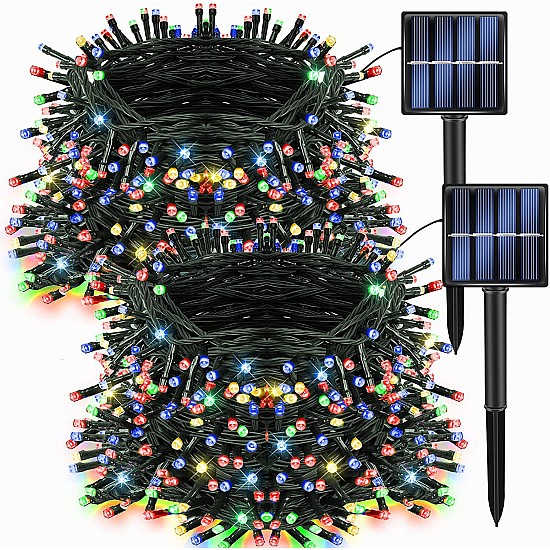 Pachet 2 instalatii cu incarcare solara si telecomanda 60 m, 600 leduri,panou solar , diverse culori 