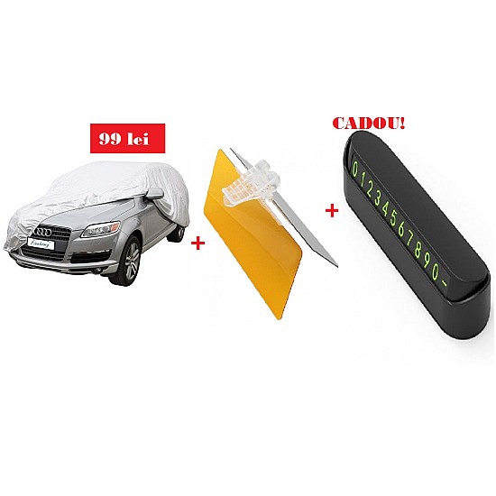 Pachet Promotional!Husa auto si Parasolar Auto pentru noapte sau zi +Placuta numar telefon parcare, pentru parbriz Cadou!