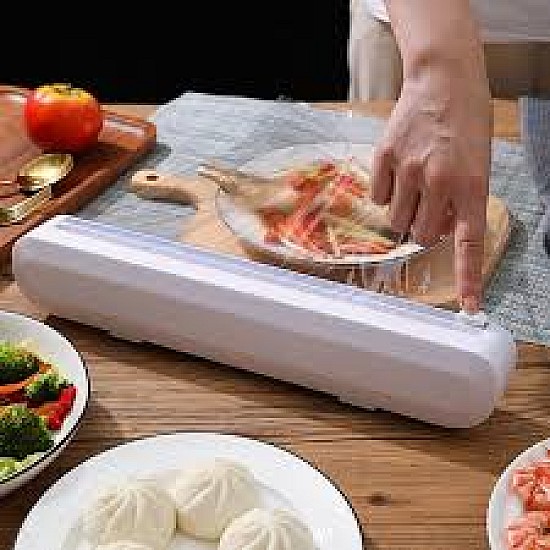 Pachet dispenser pentru folie alimentară cu lamă de tăiere + aparat pentru ascuțit cuțite și foarfece 4 în 1