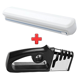 Pachet dispenser pentru folie alimentară cu lamă de tăiere + aparat pentru ascuțit cuțite și foarfece 4 în 1