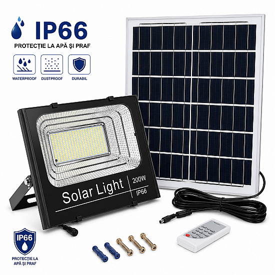 Proiector LED cu Incarcare Solara, Panou Separat, 200W, IP66 pentru Iluminat Exterior