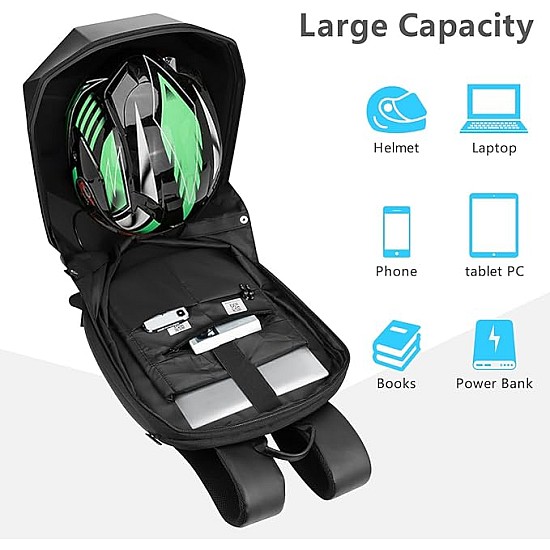 Ghiozdan moto LED, impermeabil, compartiment laptop 15.6, extensie pentru casca