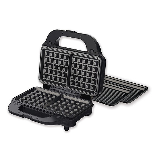 Sandwich maker Heinner SM-2H900BKS, 900 W, placi XL, 2 placi detasabile antiadezive: waffle, grill, Negru/Rosu
