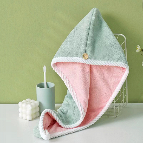 Set 2 Prosoape tip turban cu nasture pentru uscare rapida par, microfibra, 60 x 24 cm, verde
