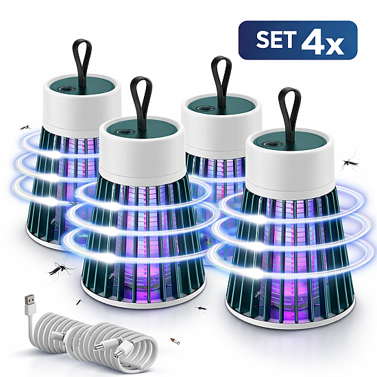 Set 4 bucati Lampa UV Anti-Insecte Portabila, 1.2W, Reincarcabila USB, 1200mAh, Curea Suspendare