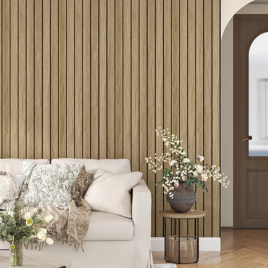 Set 5 plăci tapet autoadeziv imitație riflaj, 30x60 cm, lemn natural