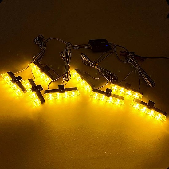 Set 8 lumini stroboscop galbene cu 4 LED-uri, grilă, telecomandă și 7 funcții, 12V