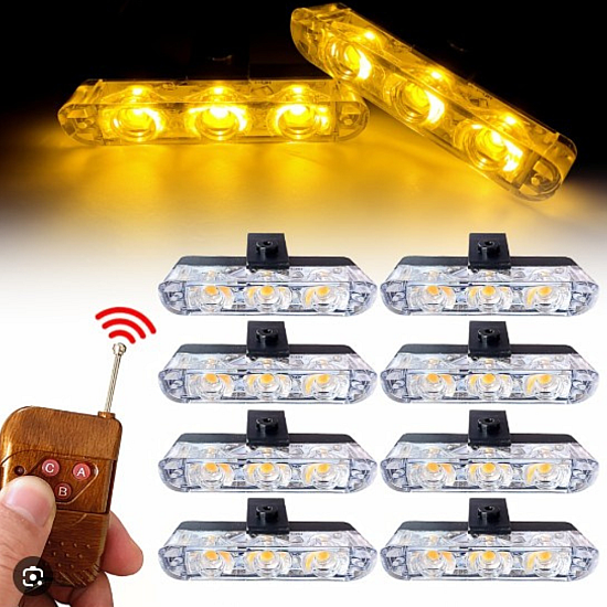 Set 8 lumini stroboscop galbene cu 4 LED-uri, grilă, telecomandă și 7 funcții, 12V