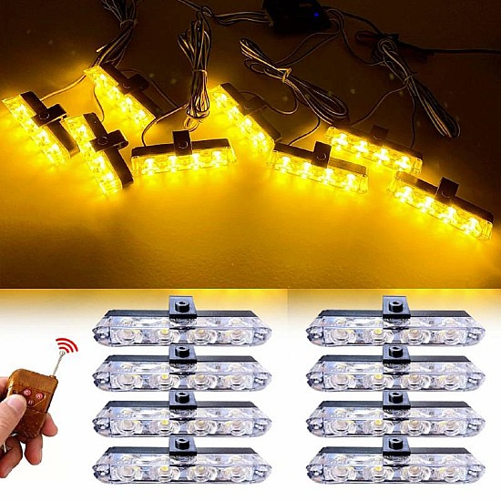 Set 8 lumini stroboscop galbene cu 4 LED-uri, grilă, telecomandă și 7 funcții, 12V