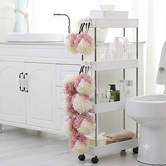 Set 2 Suporturi pentru Depozitare cu 4 Rafturi, Tip Carucior Modular pentru Baie si Bucatarie